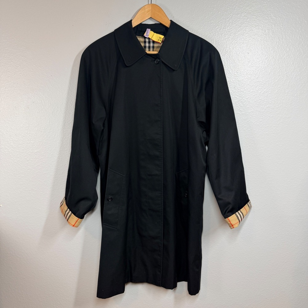 Burberrys Trench Coat Women 16R Black Nova Check Lining Vintage Car Coat Vintage